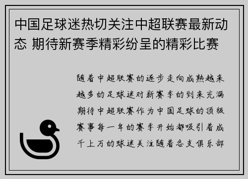 中国足球迷热切关注中超联赛最新动态 期待新赛季精彩纷呈的精彩比赛