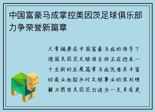 中国富豪马成掌控美因茨足球俱乐部力争荣誉新篇章