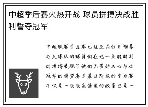 中超季后赛火热开战 球员拼搏决战胜利誓夺冠军