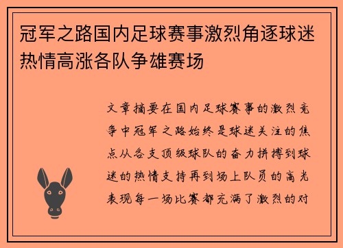 冠军之路国内足球赛事激烈角逐球迷热情高涨各队争雄赛场