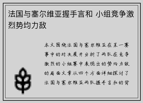 法国与塞尔维亚握手言和 小组竞争激烈势均力敌 法国与塞尔维亚握手言和 小组竞争激烈势均力敌