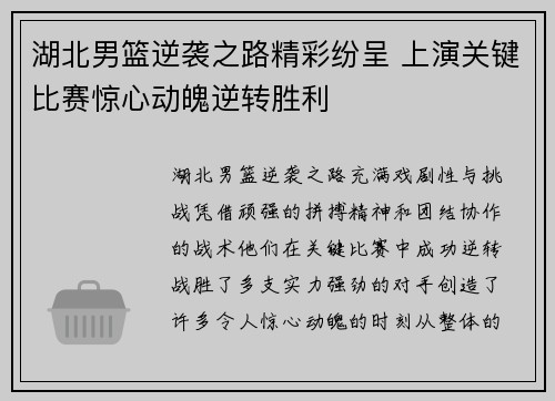 湖北男篮逆袭之路精彩纷呈 上演关键比赛惊心动魄逆转胜利