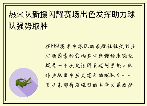 热火队新援闪耀赛场出色发挥助力球队强势取胜