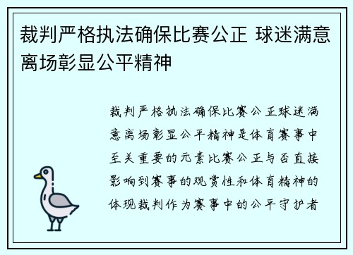 裁判严格执法确保比赛公正 球迷满意离场彰显公平精神