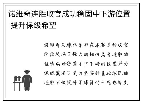 诺维奇连胜收官成功稳固中下游位置 提升保级希望